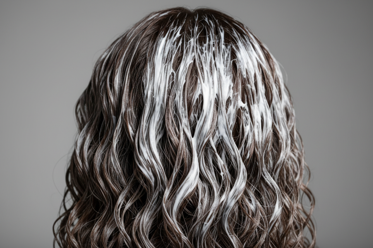 back of hair, brunette and wavy with gluggy white product in hair