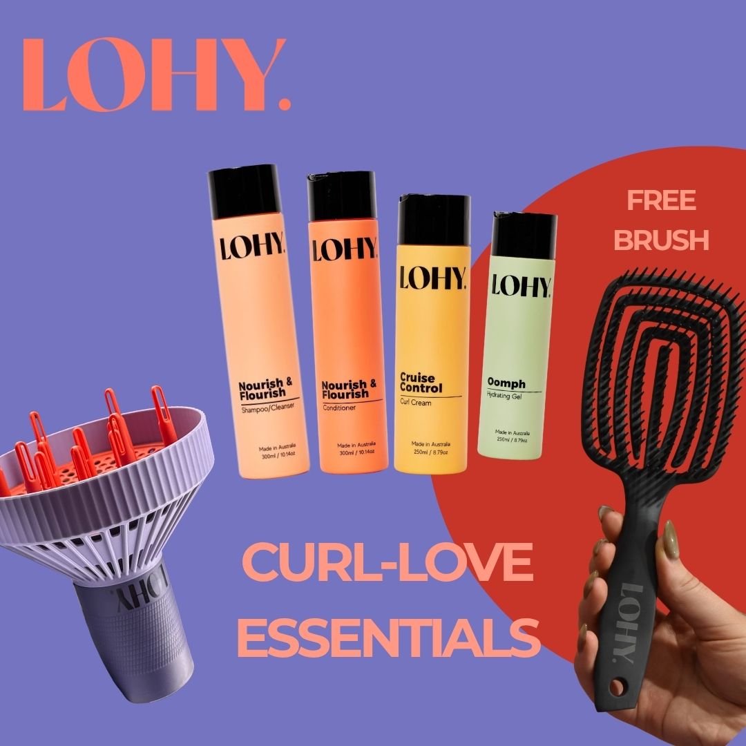 Curl-Love Essentials Bundle, with shampoo, conditioner, cruise control curl cream, oomph hydrating gel, LOHY universal diffuser, and includes a free brush,