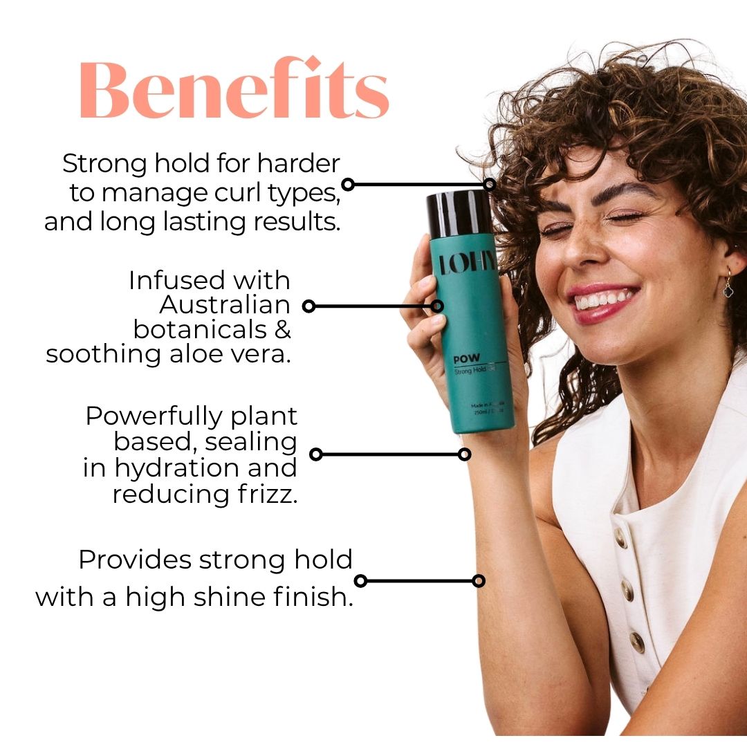 Benefits of using curly hair strong hold gel written beside brown haired person