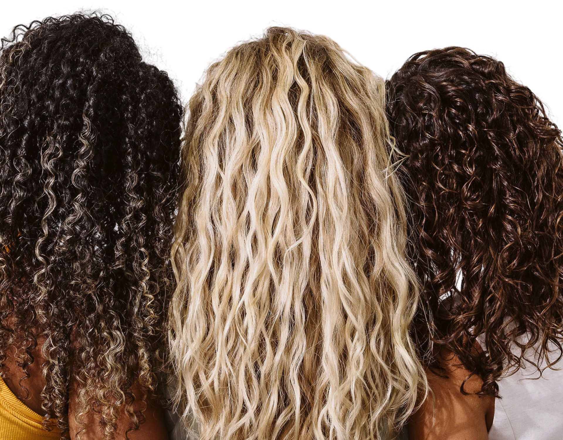 back of three heads, the first with coily black and blonde highlighted hair chest length, the second with wavy blonde chest length hair, and the third with curly brunette shoulder length hair