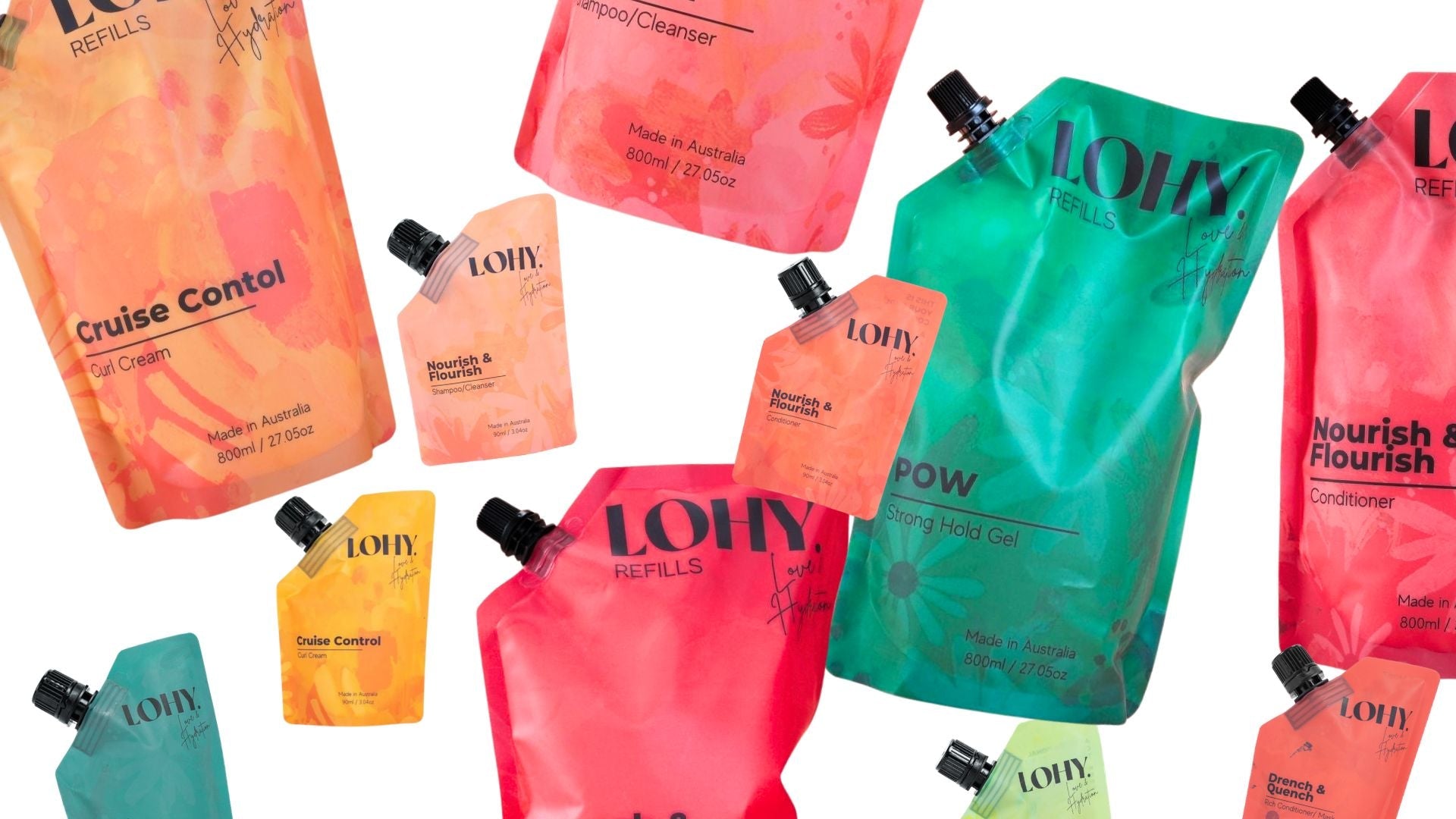 800ml spout pouches of LOHY's curly hair products