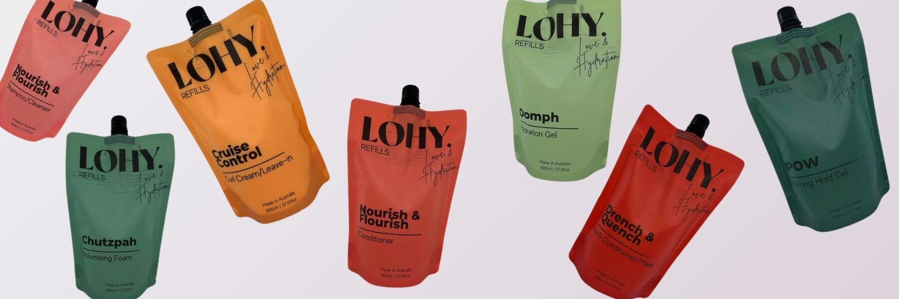 800ml spout pouches of LOHY's curly hair products