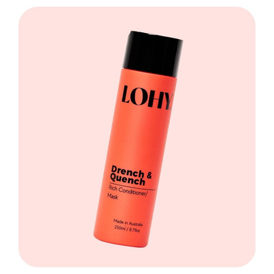 lohy drench and quench rich conditioner and mask 250ml bottle angled on a pastel red background