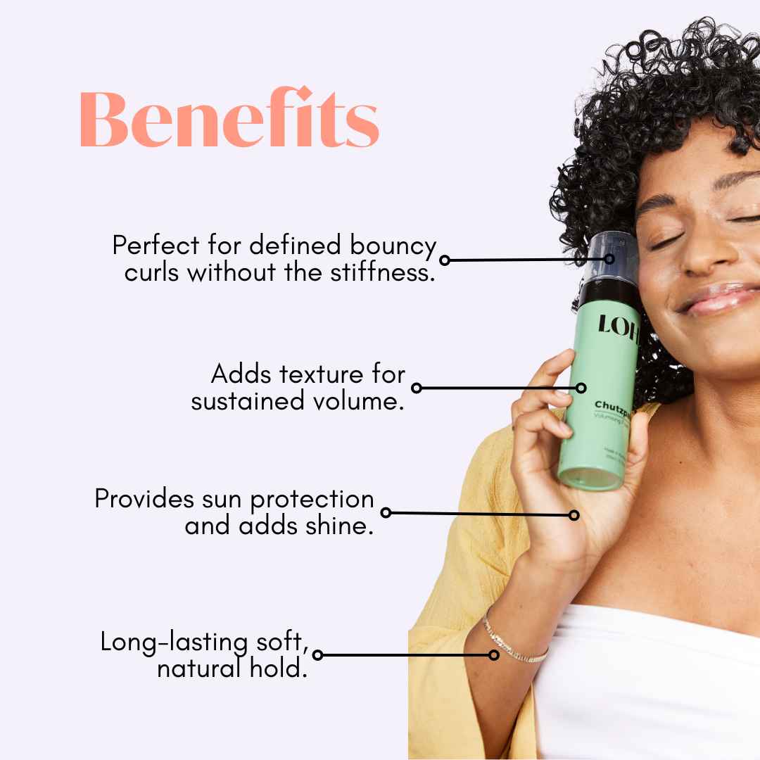 Benefits of chutzpah volume mousse written beside a person