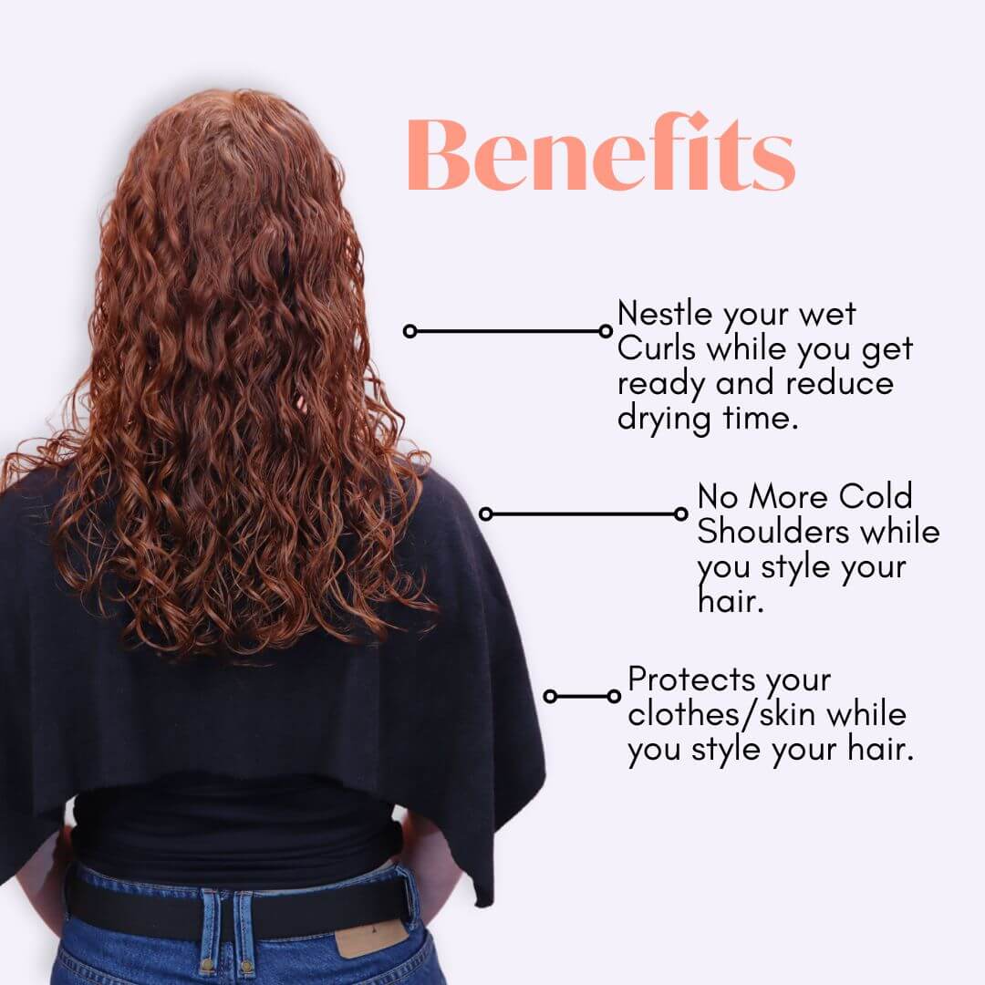 Person with red curly hair wearing the cold shoulder guard with words explaining the benefits