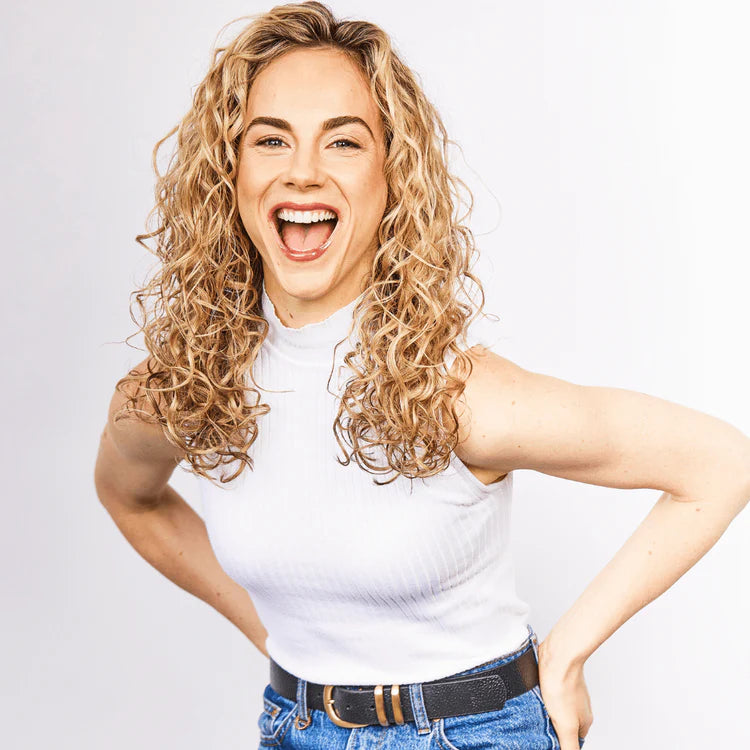 woman with long curly blonde hair