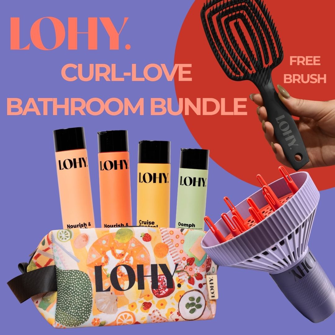 Curl-Love Bathroom Bundle, with shampoo, conditioner, cruise control curl cream, oomph hydrating gel, LOHY tote, LOHY universal diffuser, and includes a free brush,