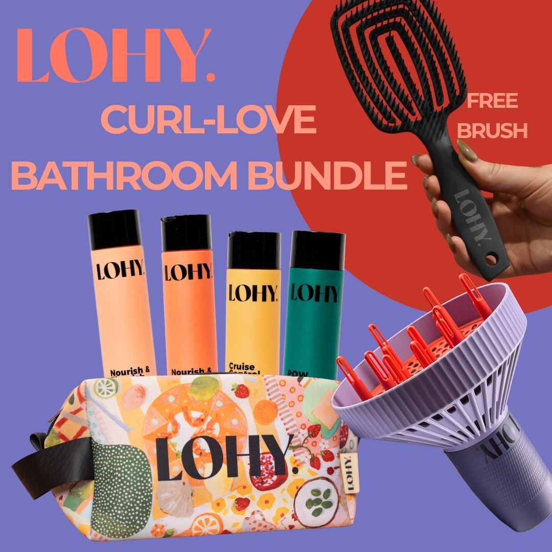 Curl-Love Bathroom Bundle, with shampoo, conditioner, cruise control curl cream, POW strong hold gel, LOHY tote, LOHY universal diffuser, and includes a free brush,