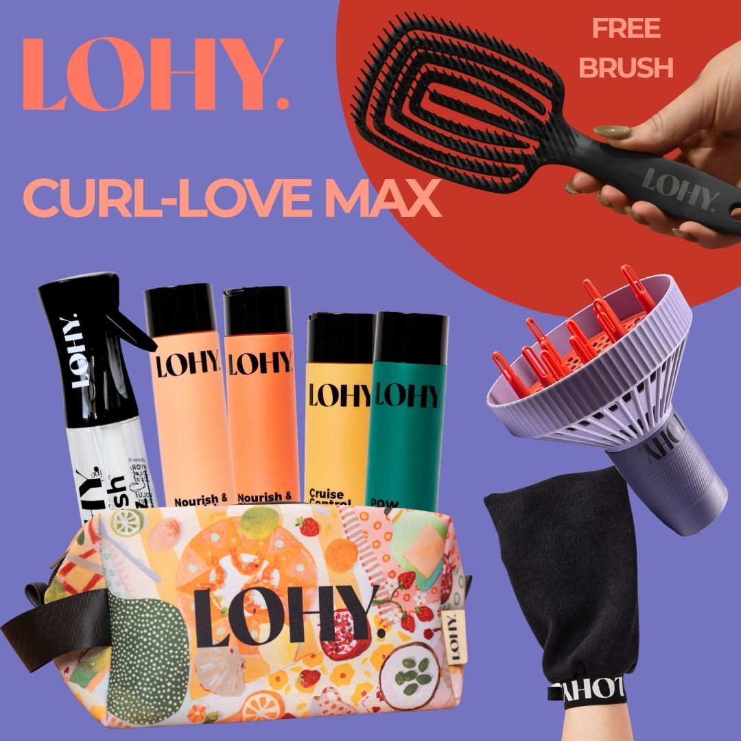 Curl-Love MAX Bundle, with shampoo, conditioner, cruise control curl cream, POW Strong Hold gel, LOHY tote, LOHY universal diffuser, Refresh Spritz spray bottle, Curl Glove Towel, and includes a free brush,