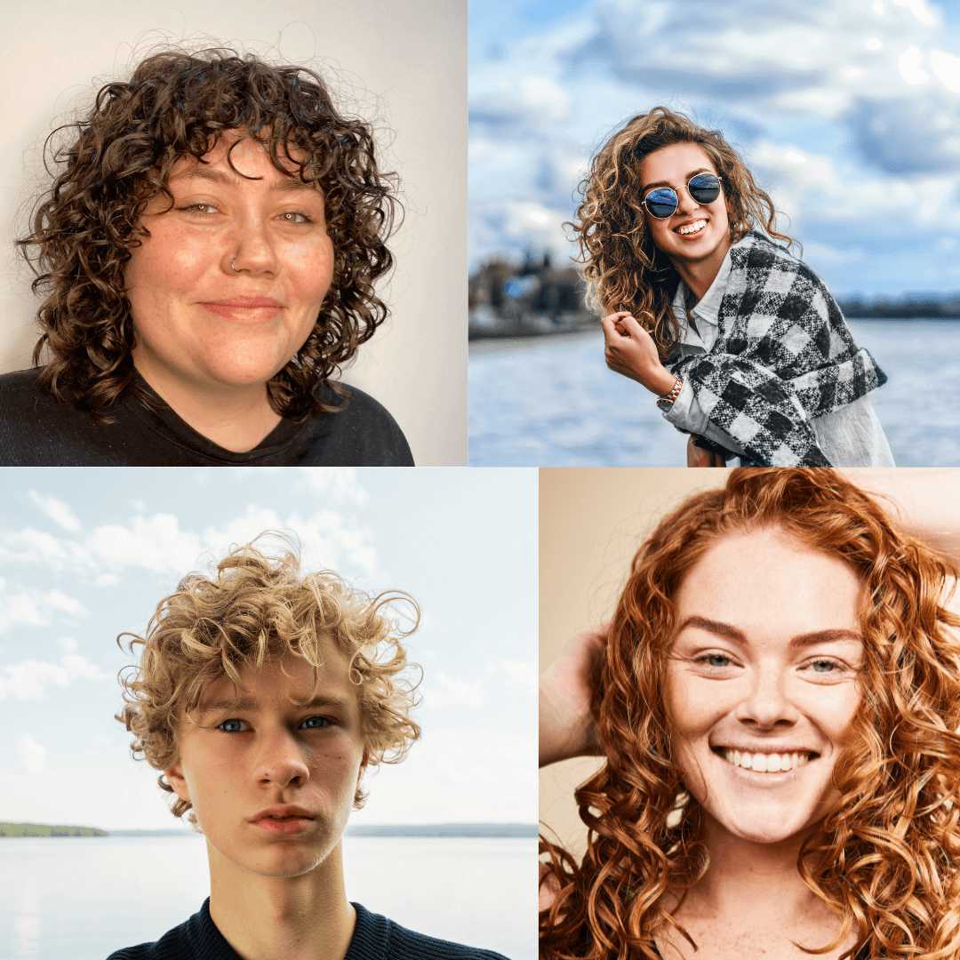 collage of girls and guys with different hairstyles curly short, and long hair coloured red blonde, and brunette