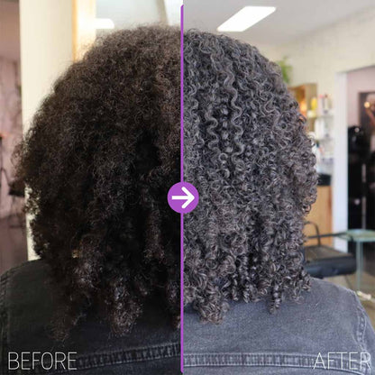 Before and after of tight black curls