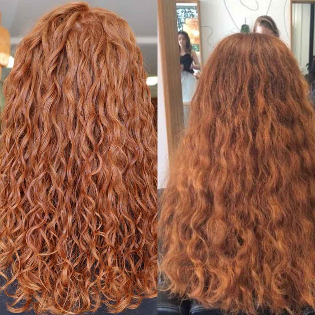 Before and after of frizzy red hair using Nourish &amp; Flourish Conditioner